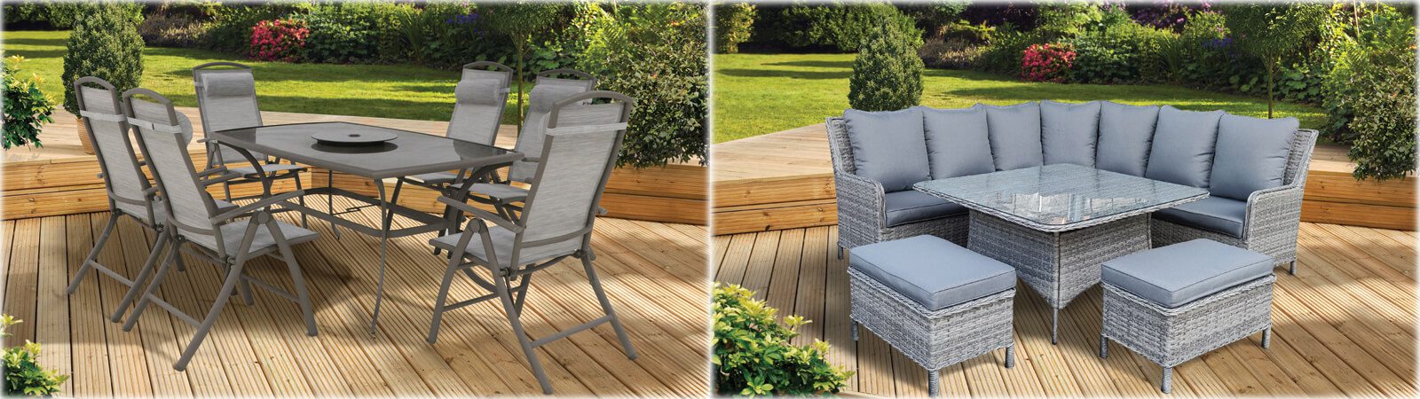 Textilene dining set and rattan corner set on decking